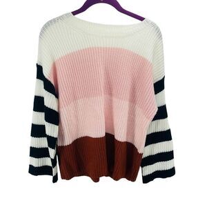 Women's Striped Sweater Long Sleeve Pullover Knitted Rib Lounge Pink Size Small